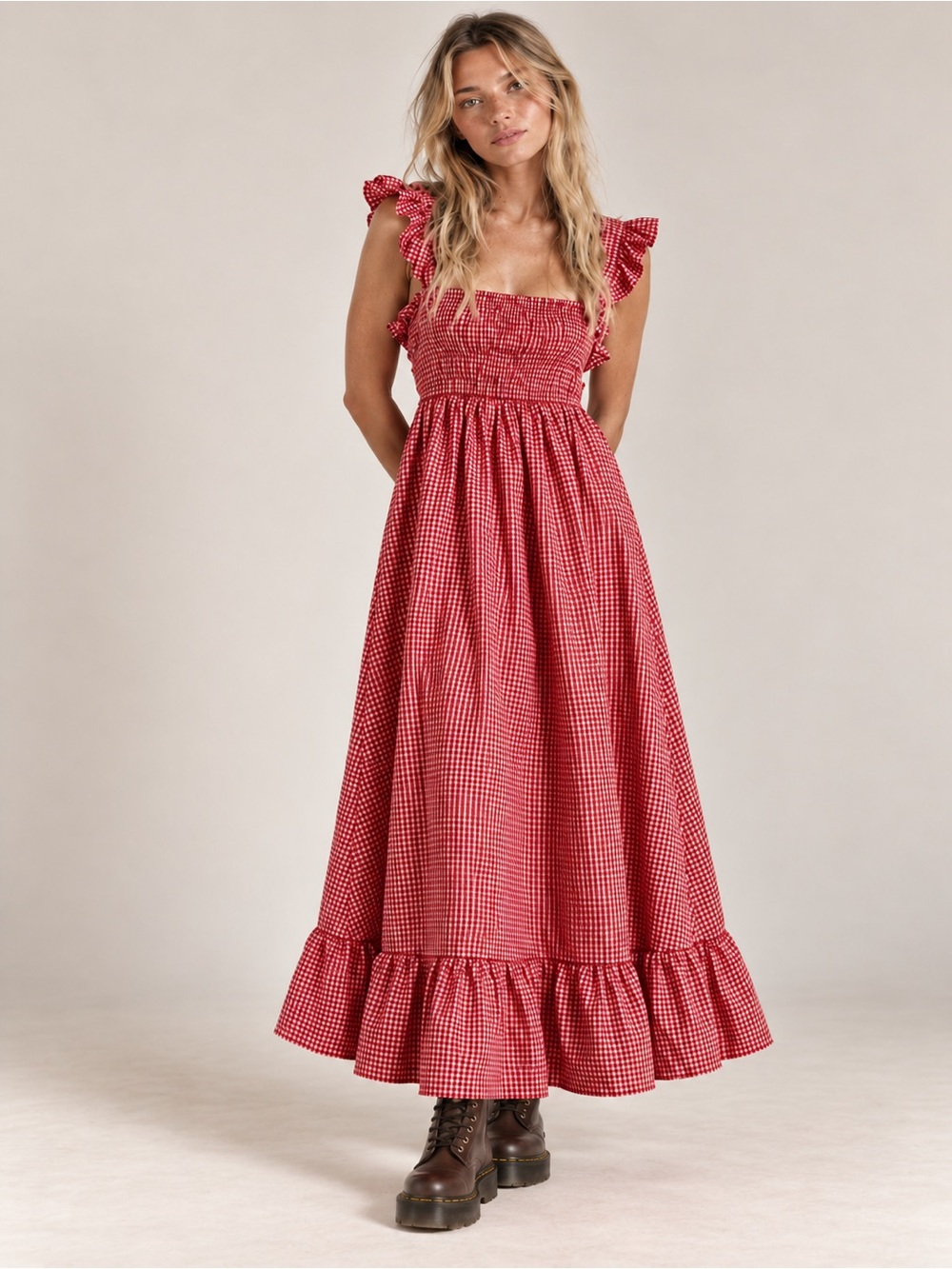 Red Gingham Maxi Dress with Ruffle Straps